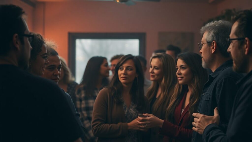 Adults interacting intimately in a social gathering.