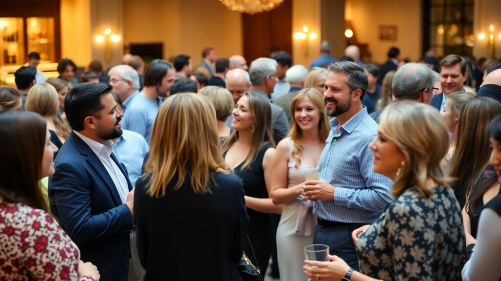 Adults socializing at a sophisticated lifestyle club event.