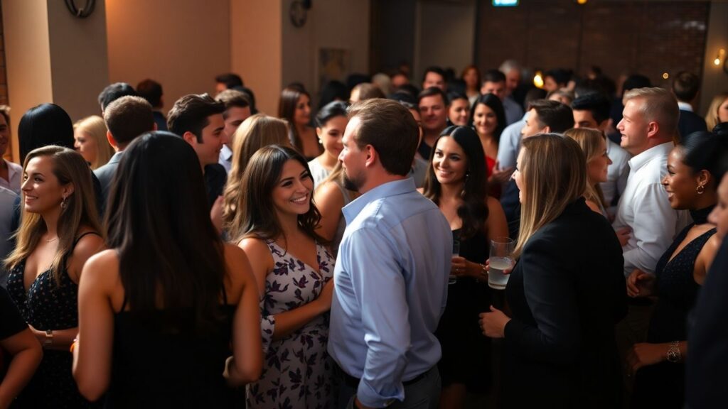 Adults socializing at a stylish party.
