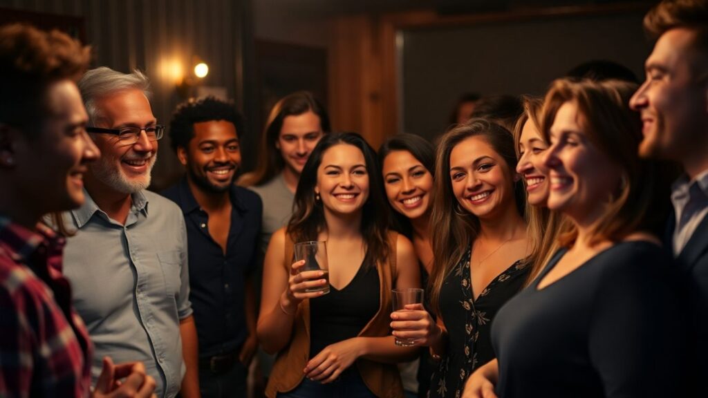 Adults socializing in a relaxed, intimate setting.