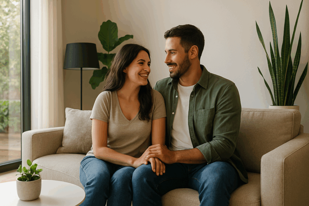 Couple interacting comfortably in a modern, sunlit living room.