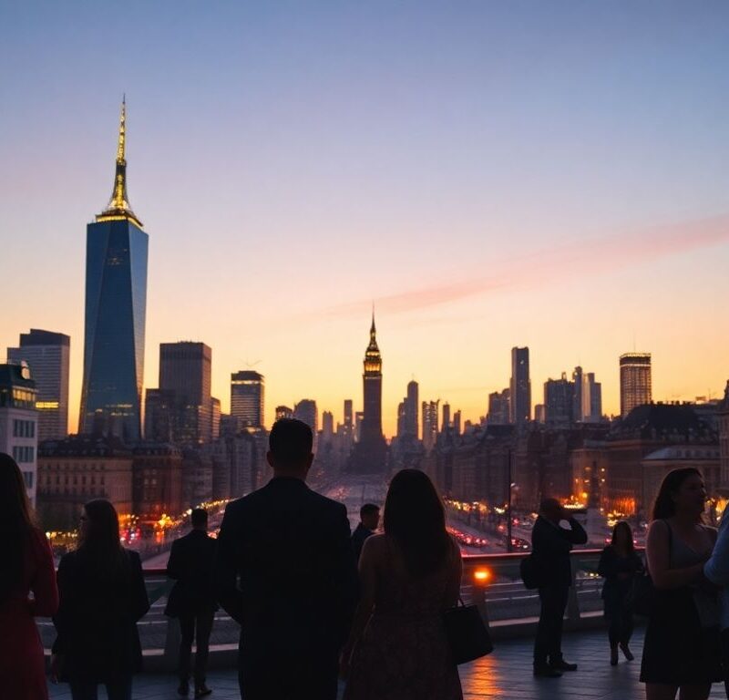 Cityscape at night with couples enjoying nightlife.