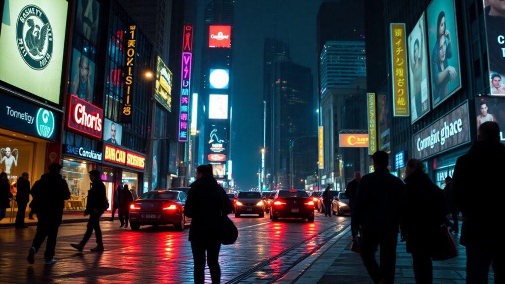 Cityscape at night with neon lights and silhouettes of people.