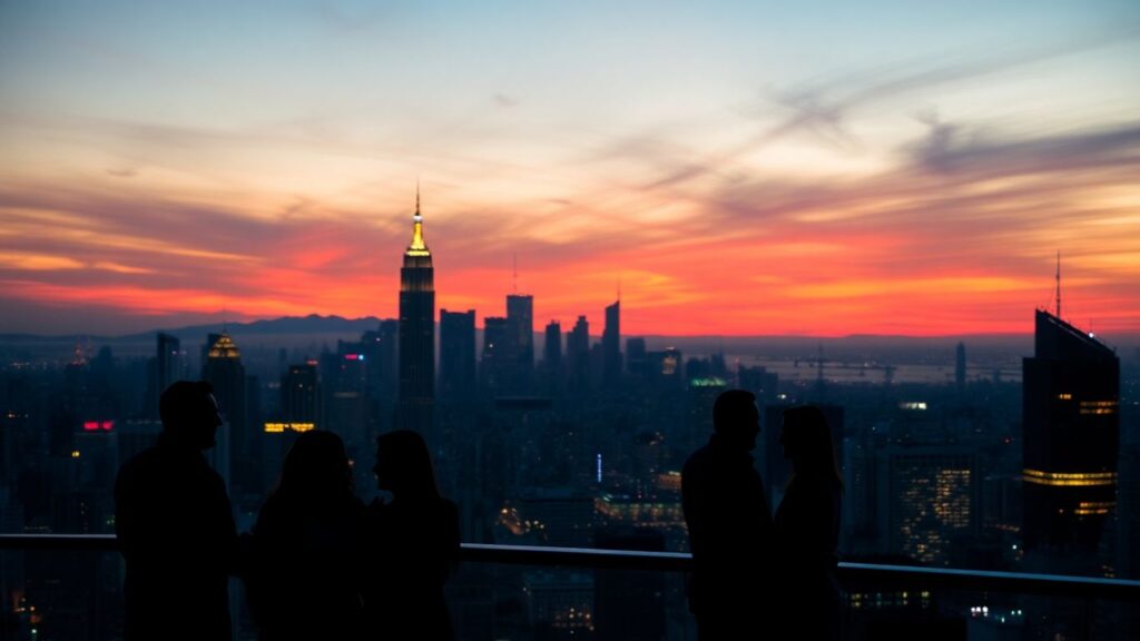 Cityscape with couples enjoying a romantic rooftop view.