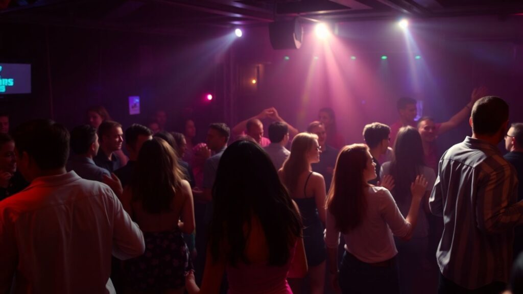 Club scene with people dancing and safe interaction cues.