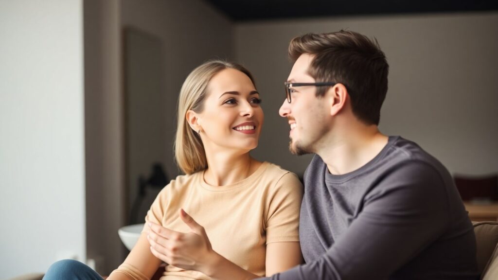 Couple communicating openly in a casual setting.