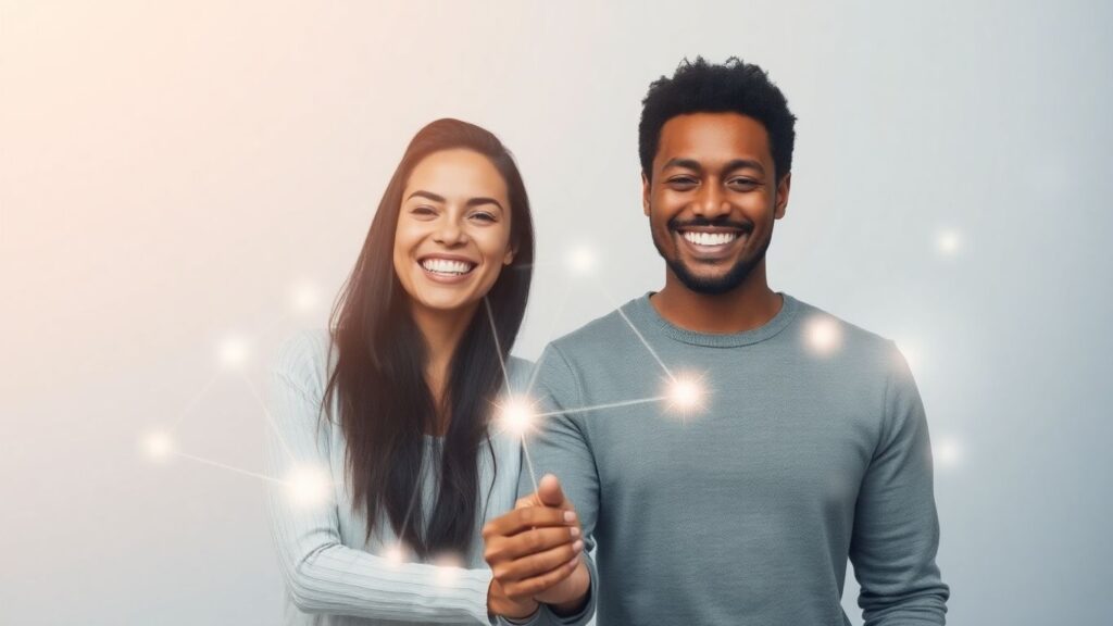 Couple connected by digital lines, AI matchmaking concept.