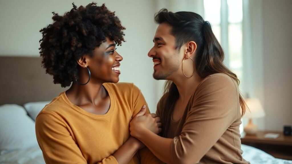 Couple discussing STI prevention with care and intimacy.