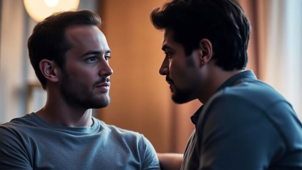 Couple discussing boundaries with thoughtful expressions.