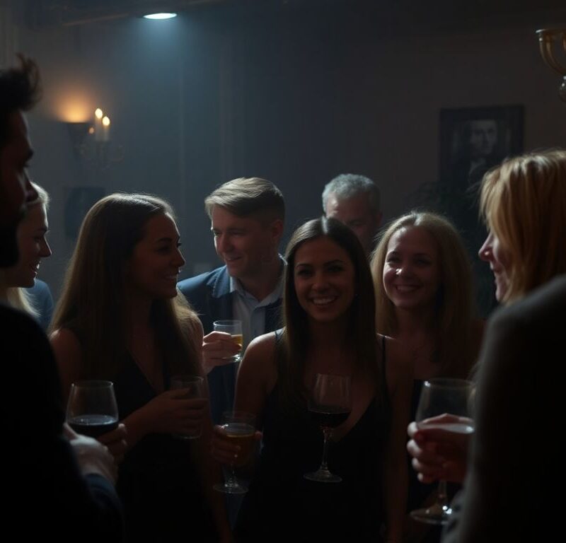 Couple discussing safe sex practices at a party.