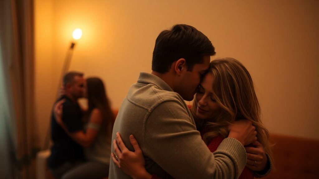 Couple embracing, another couple nearby, warm lighting.