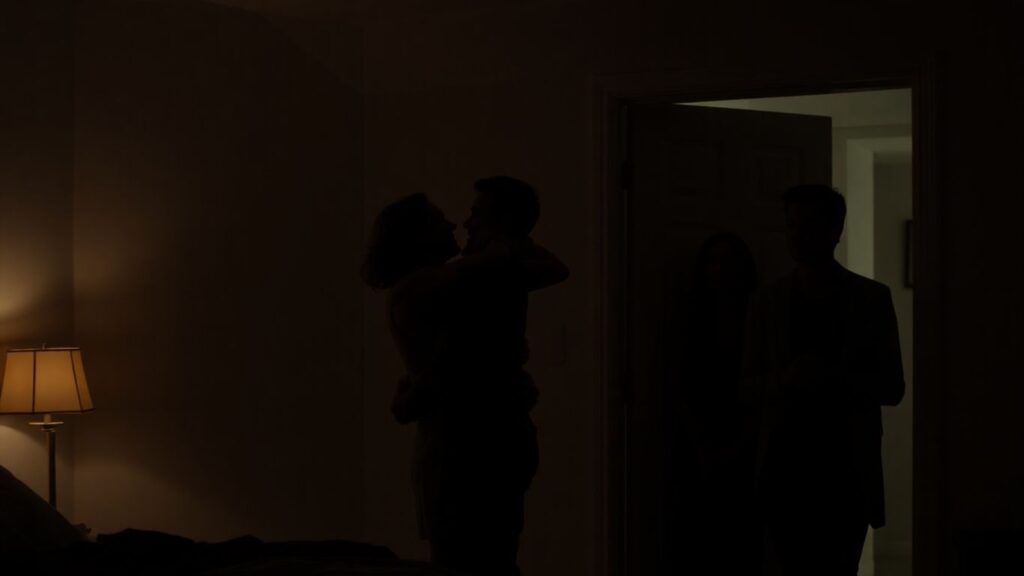 Couple embracing, another couple watching curiously.