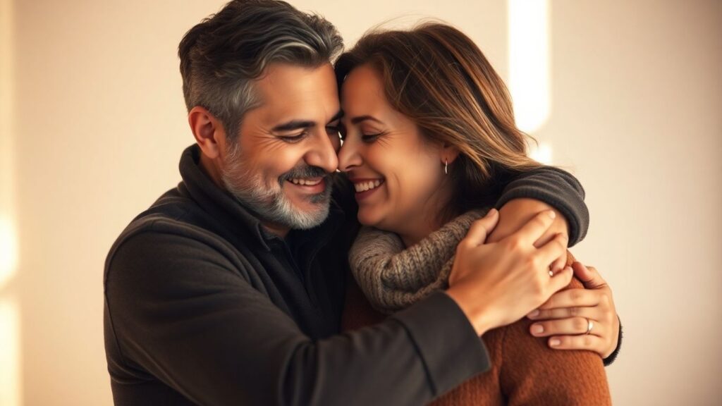 Couple embracing, conveying affection and comfort in soft light.