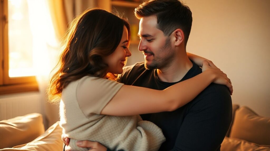 Couple embracing, conveying trust and intimacy in soft light.