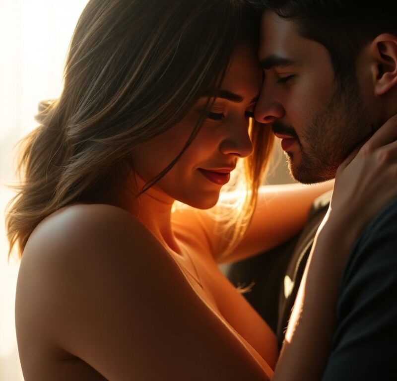 Couple embracing, exploring erotic polyamory.