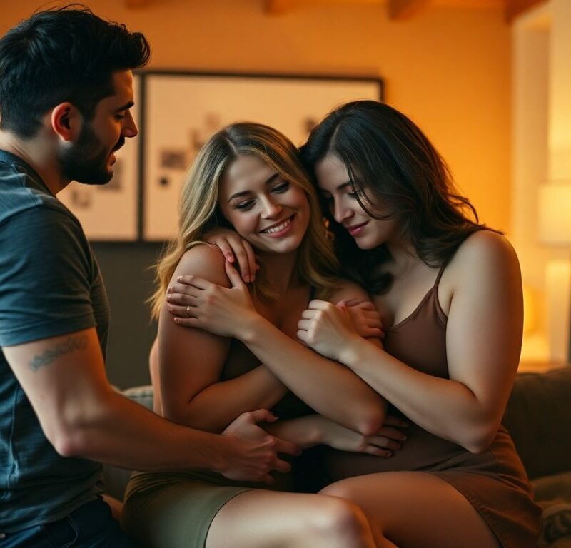 Couple embracing, exploring erotic polyamory.
