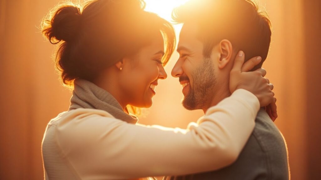 Couple embracing, exploring intimacy in warm light.