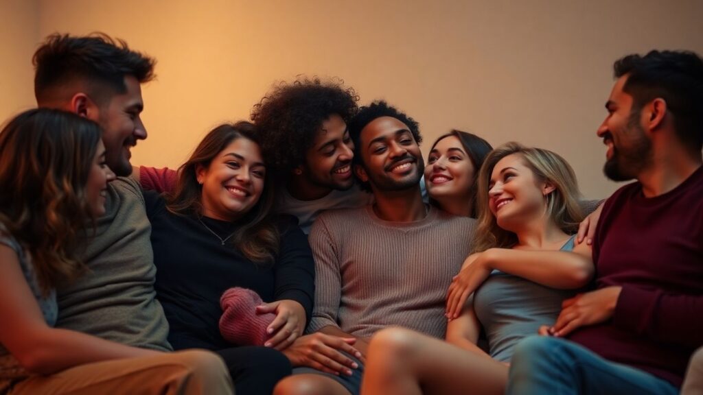 Couple embracing in a modern, warm setting.