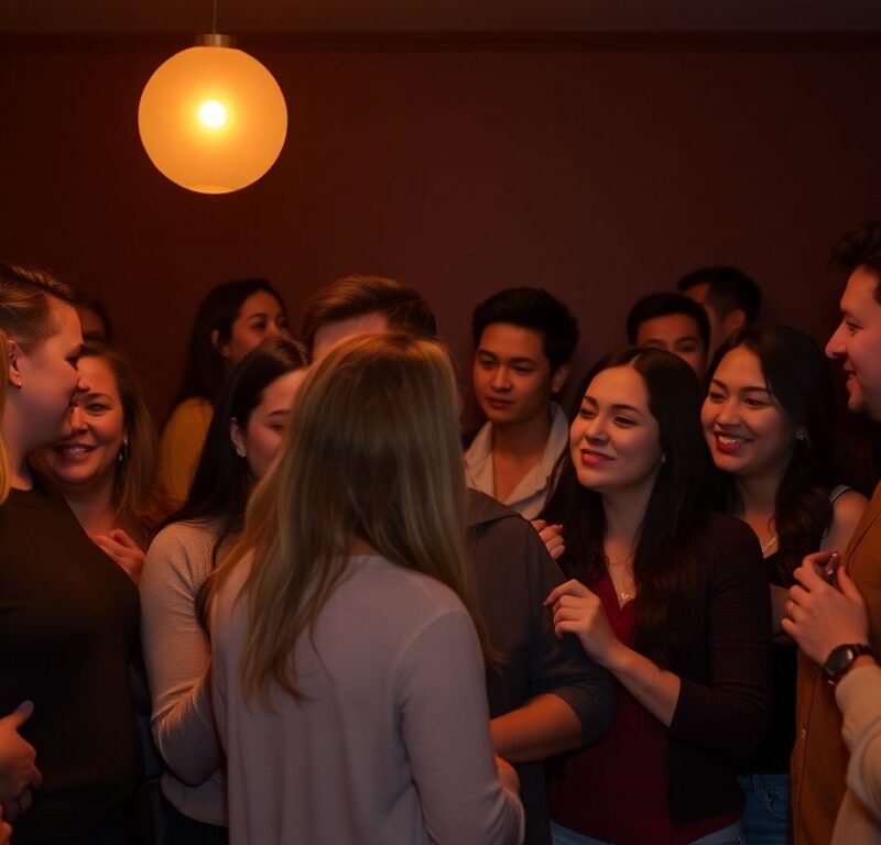 Couple embracing in a social gathering.