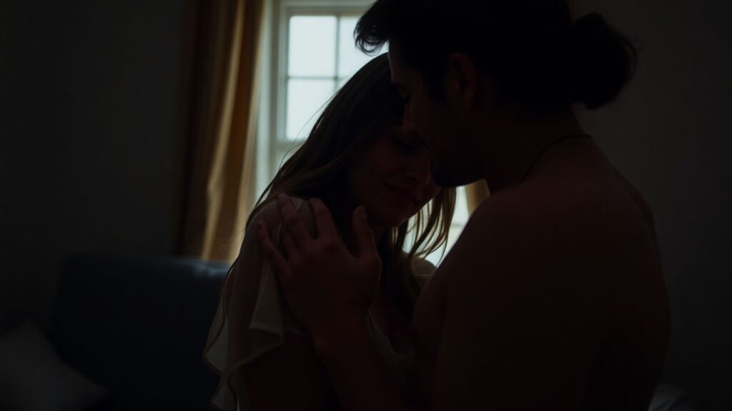 Couple embracing intimately, exploring consensual lifestyle.