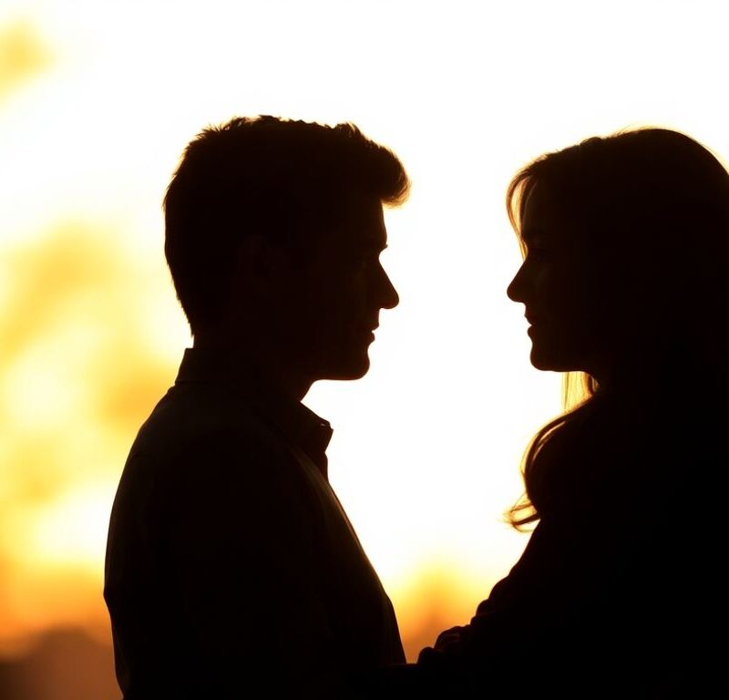 Couple embracing intimately, soft blurred background, warm colors.