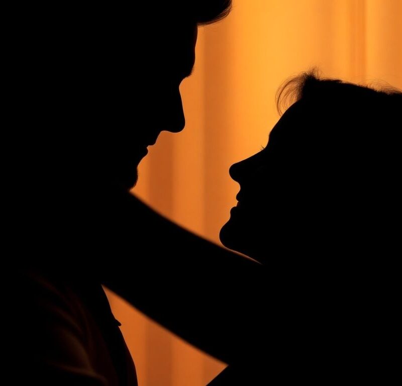 Couple embracing intimately, soft lighting.