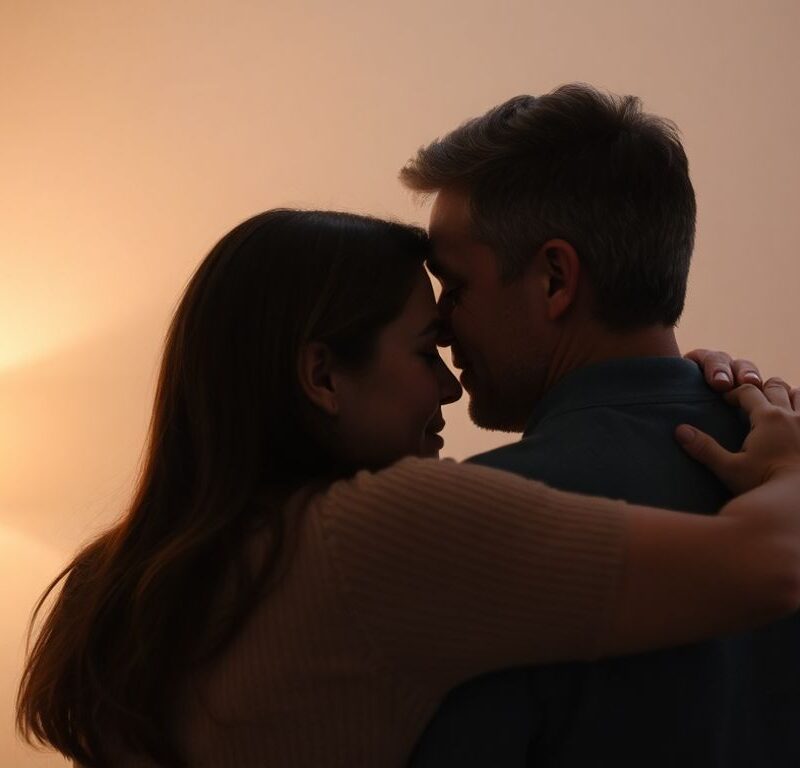 Couple embracing intimately, suggesting shared experiences.