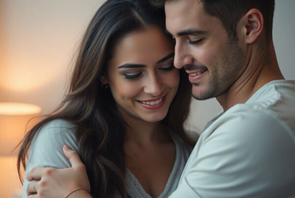 Couple embracing intimately with warm lighting.