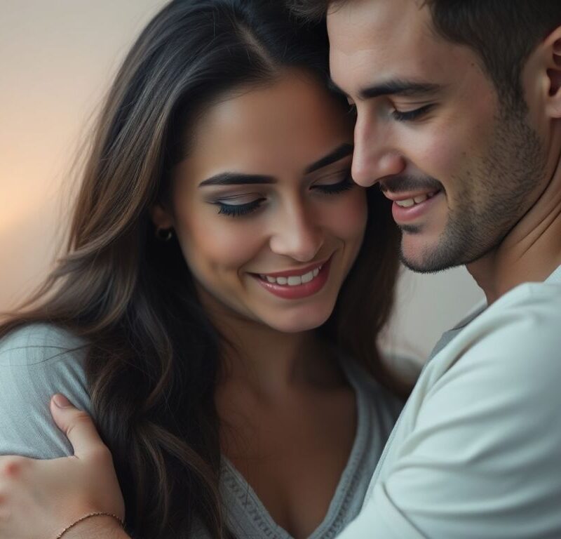 Couple embracing intimately with warm lighting.