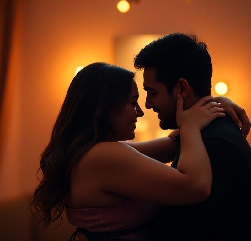 Couple embracing intimately with warm, soft lighting.