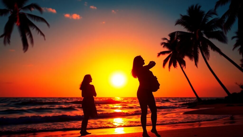Couple embracing on a beach at sunset.