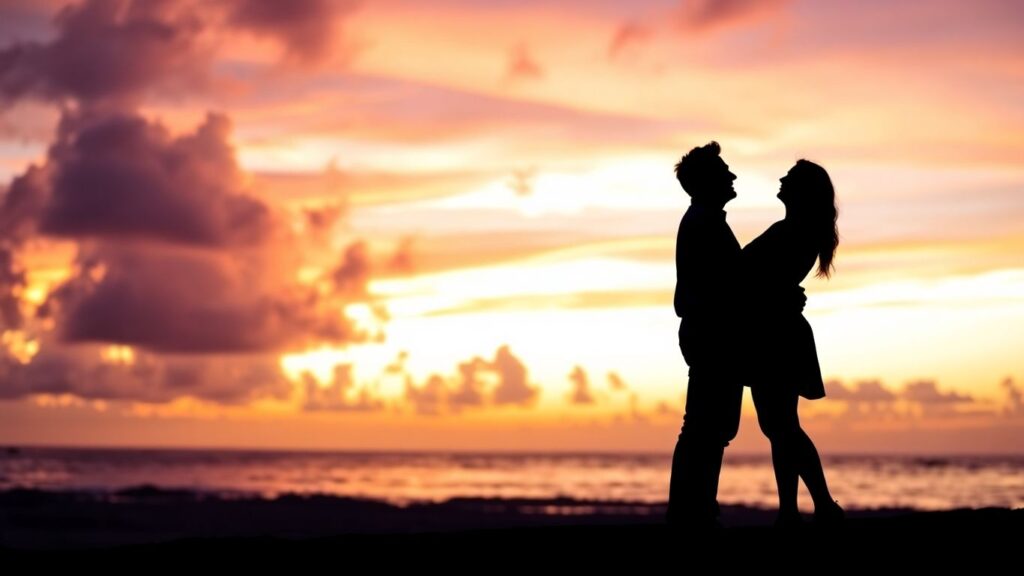 Couple embracing on a beach at sunset