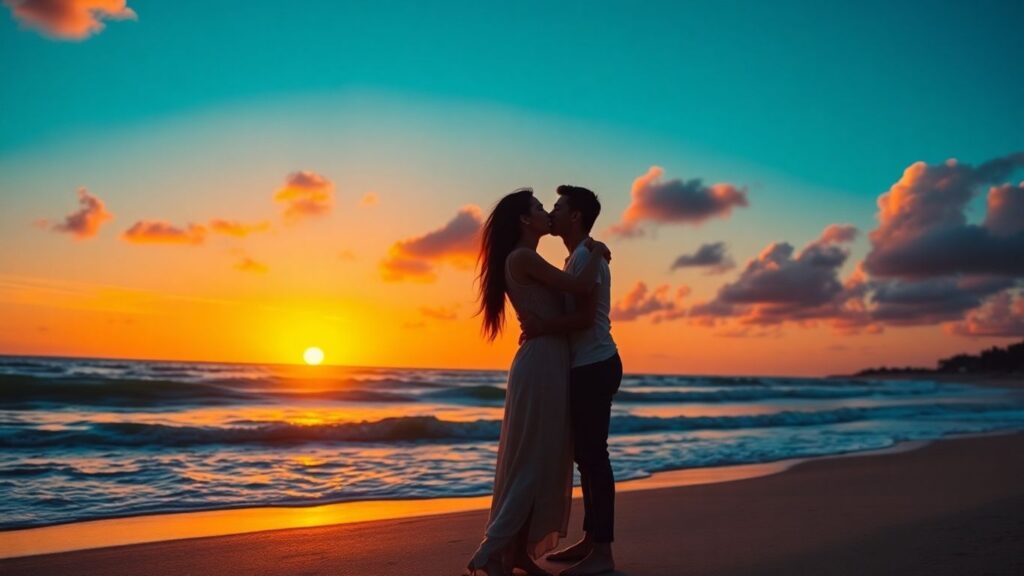 Couple embracing on a beach at sunset.
