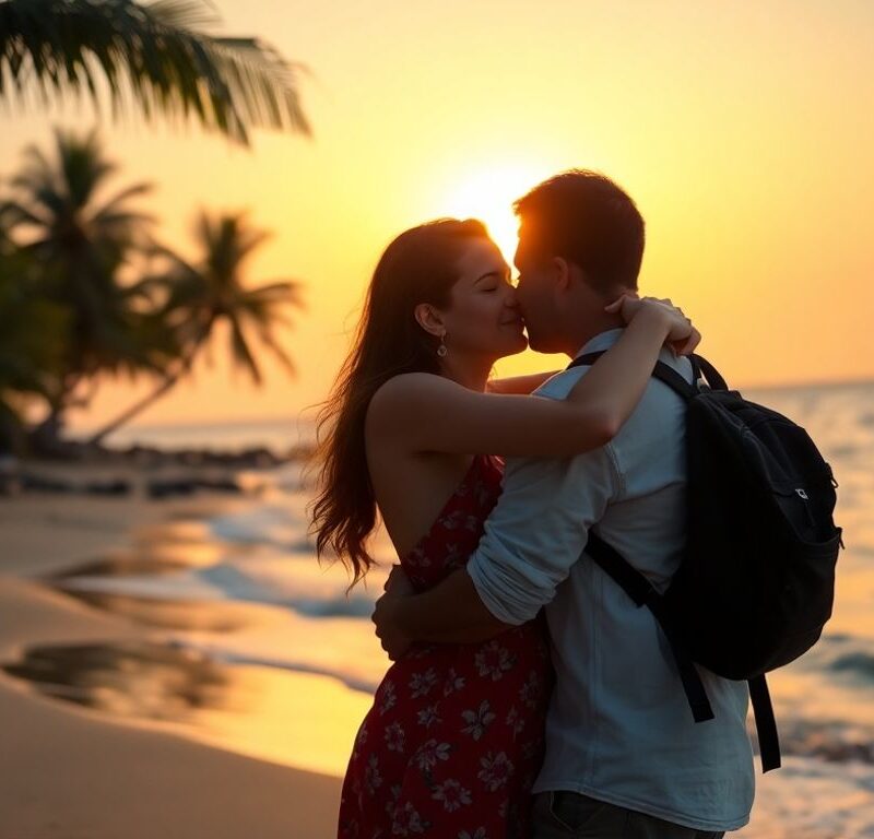 Couple embracing on a beach at sunset.