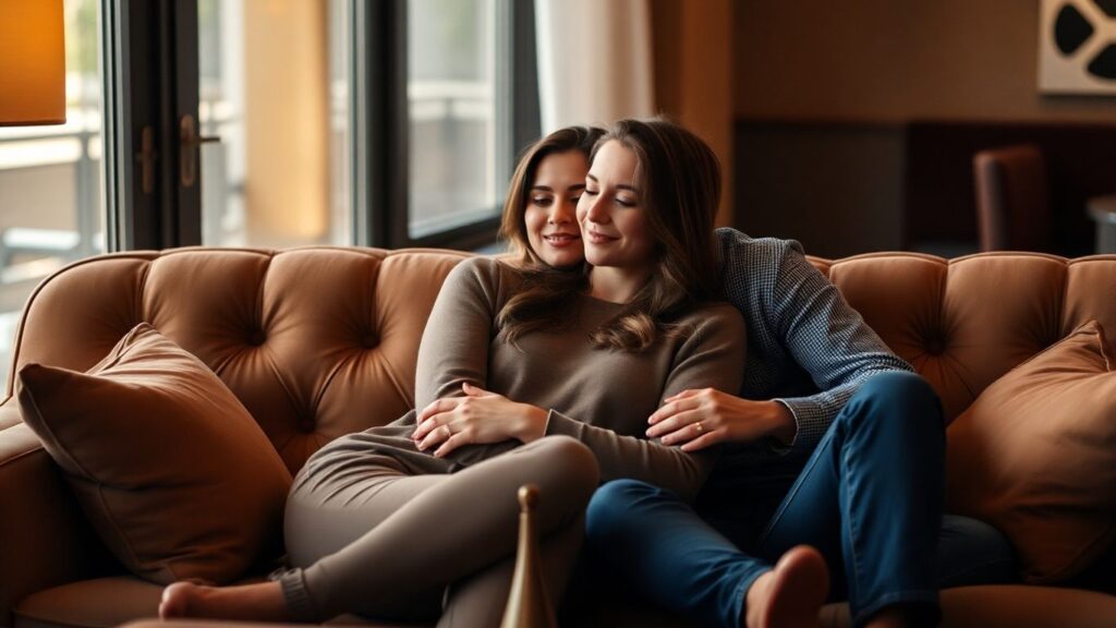 Couple embracing on a sofa in soft lighting.