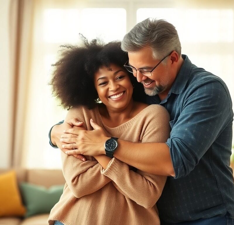 Couple embracing, showing relationship strength and connection.