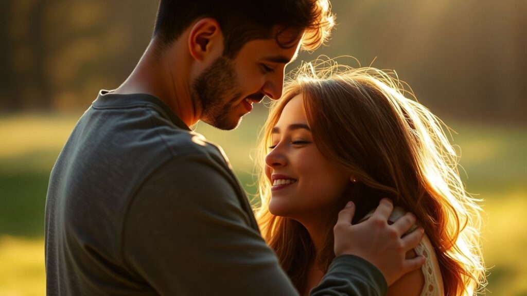 Couple embracing tenderly in soft, warm light.