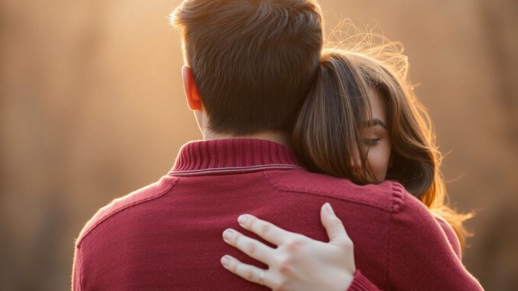Couple embracing, warm glow, intimate connection.