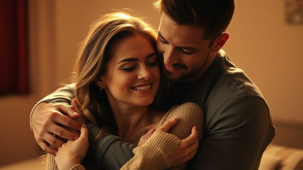 Couple embracing warmly, exploring intimacy.