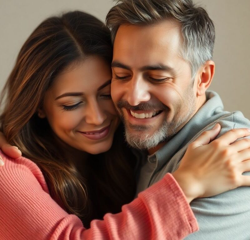 Couple embracing with affection and comfort.