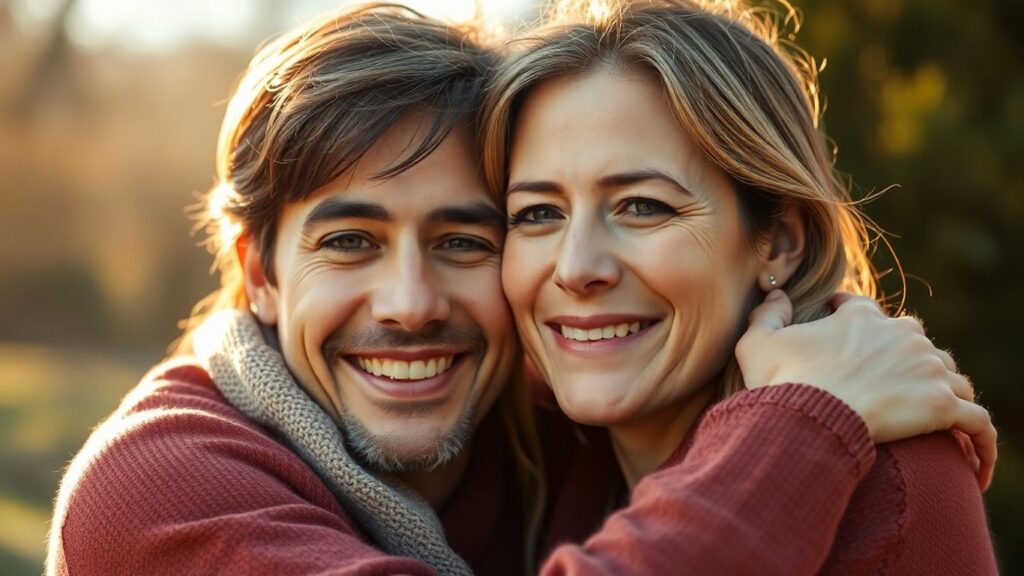 Couple embracing with affection in soft, warm light.