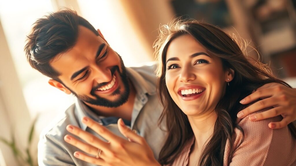 Couple enjoying a lighthearted, intimate moment together.