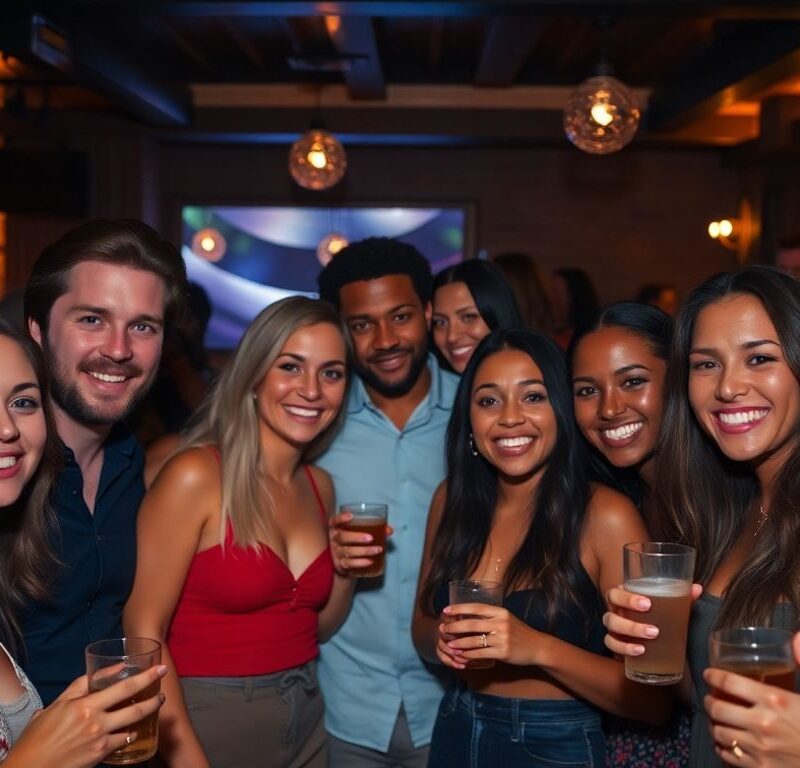 Couple enjoying a night out at a lounge.