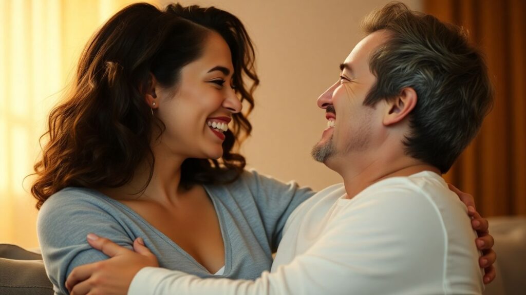 Couple enjoying casual intimacy in warm, soft lighting.