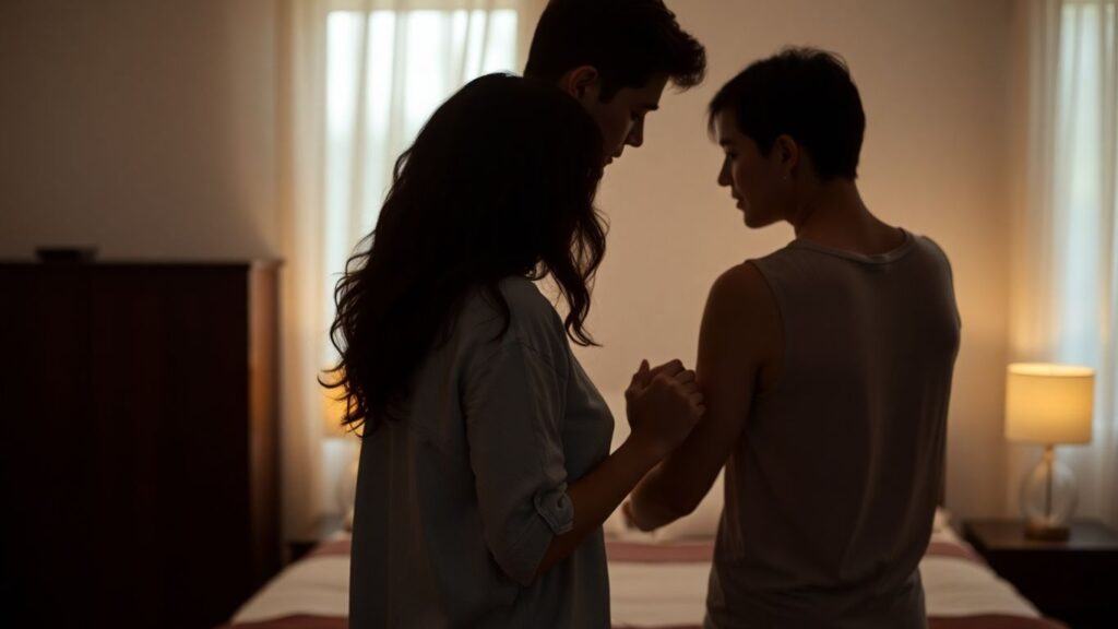 Couple holding hands in a warm, intimate bedroom.