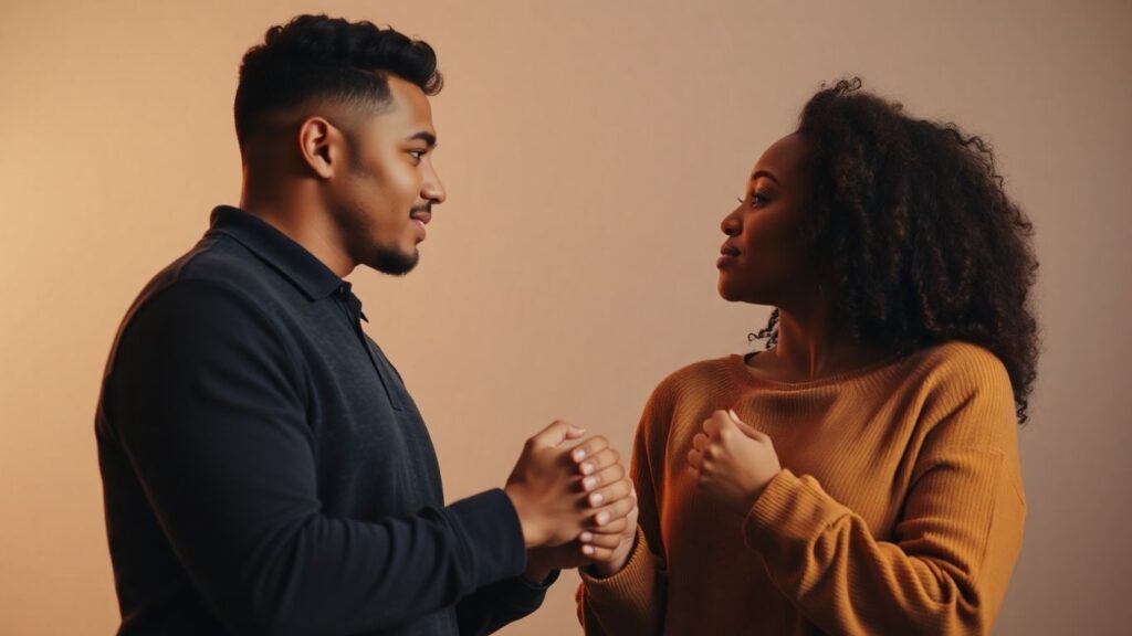 Couple holding hands, looking at each other with thoughtful expressions.