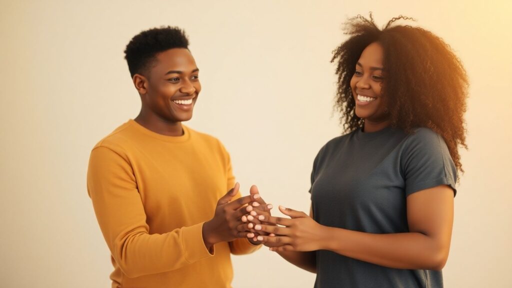 Couple holding hands, smiling, conveying connection and intimacy.