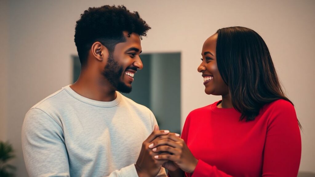 Couple holding hands, smiling warmly at each other.