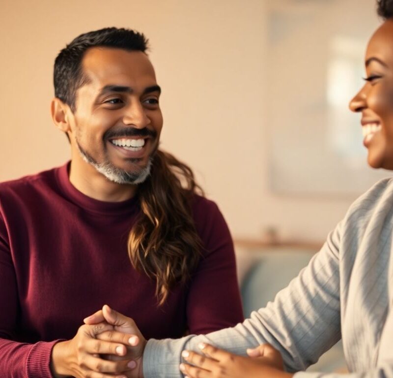 Couple holding hands, smiling warmly at each other.
