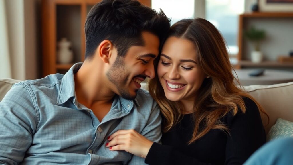 Couple in a comfortable setting, hinting at connection and openness.